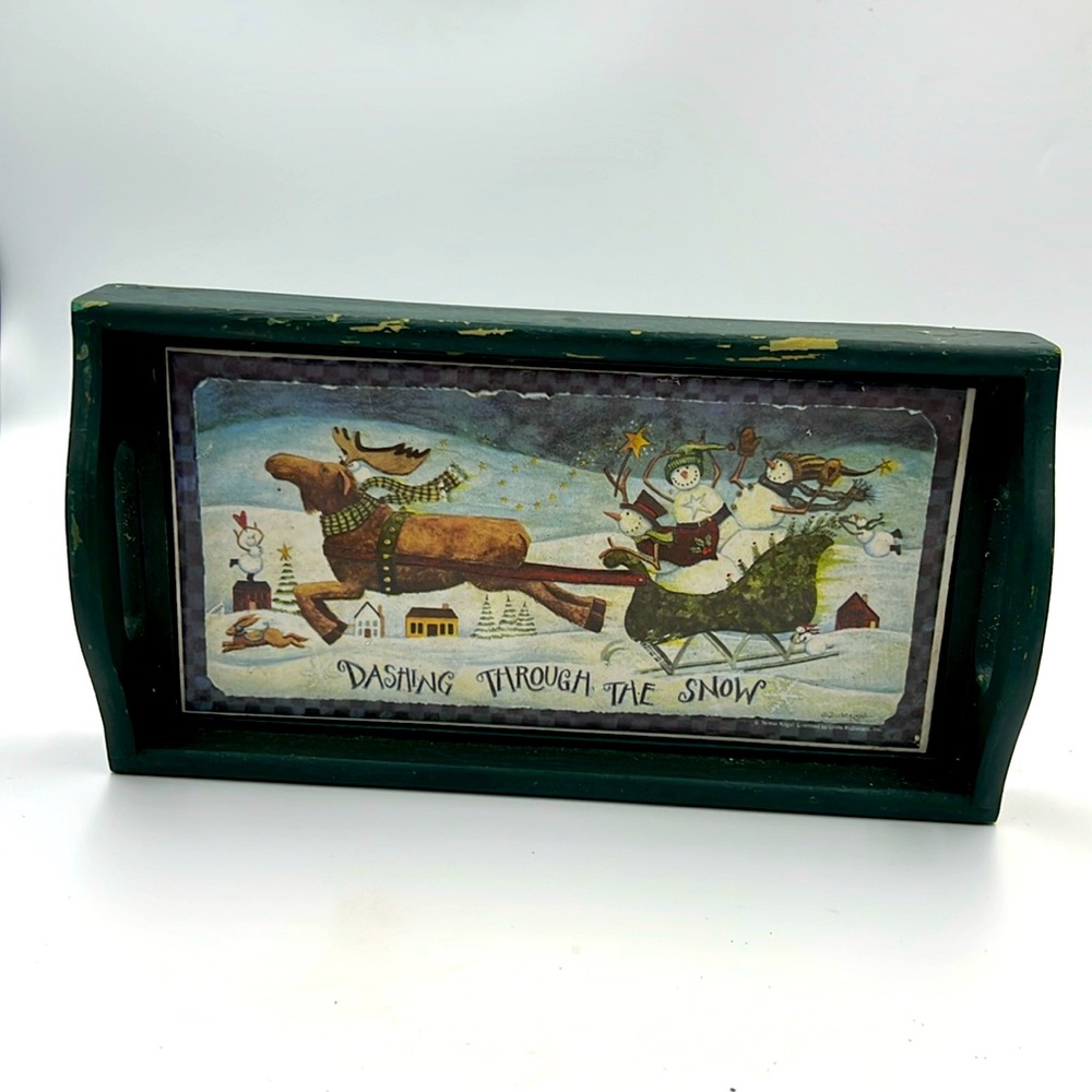 Wooden Dashing through the snow tray display ceramic Christmas sleigh reindeer